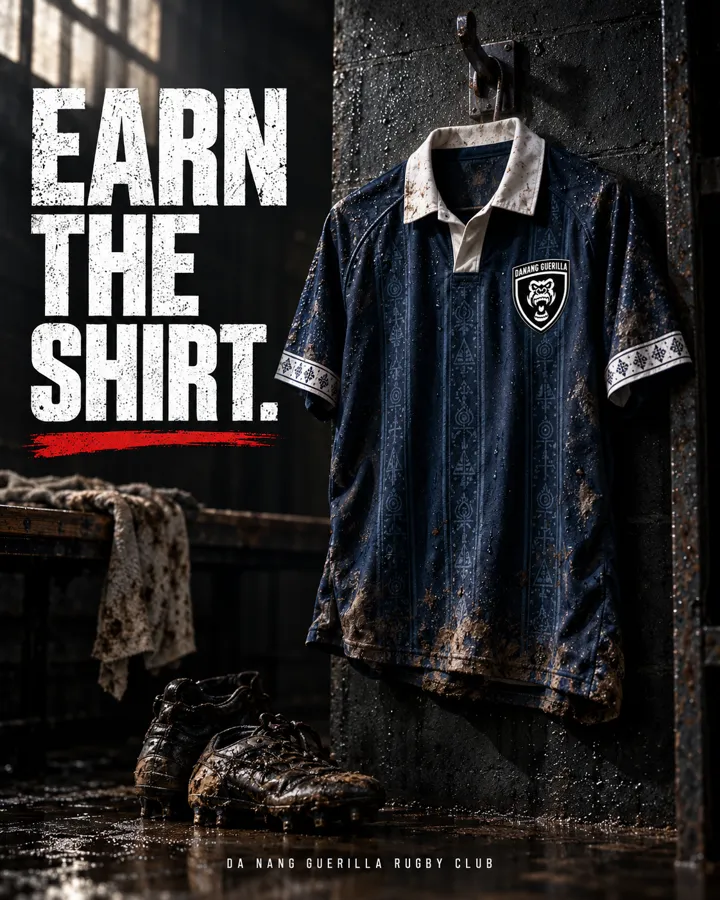 Generated image of a navy Guerilla jersey hanging in a changing room